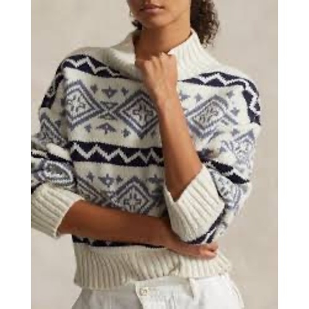 Polo Ralph Lauren Wool Alpaca Geometric Motif Mock Neck Sweater Cream Blue Large